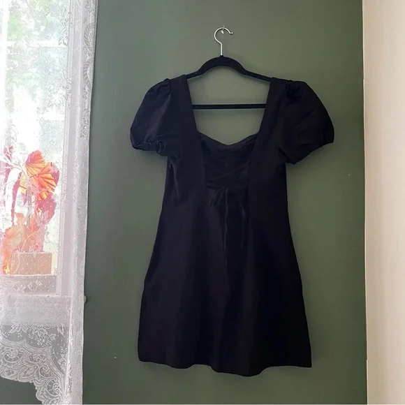 Zara Linen Black Puff Sleeve Backless Dress size Large - Picture 2 of 6